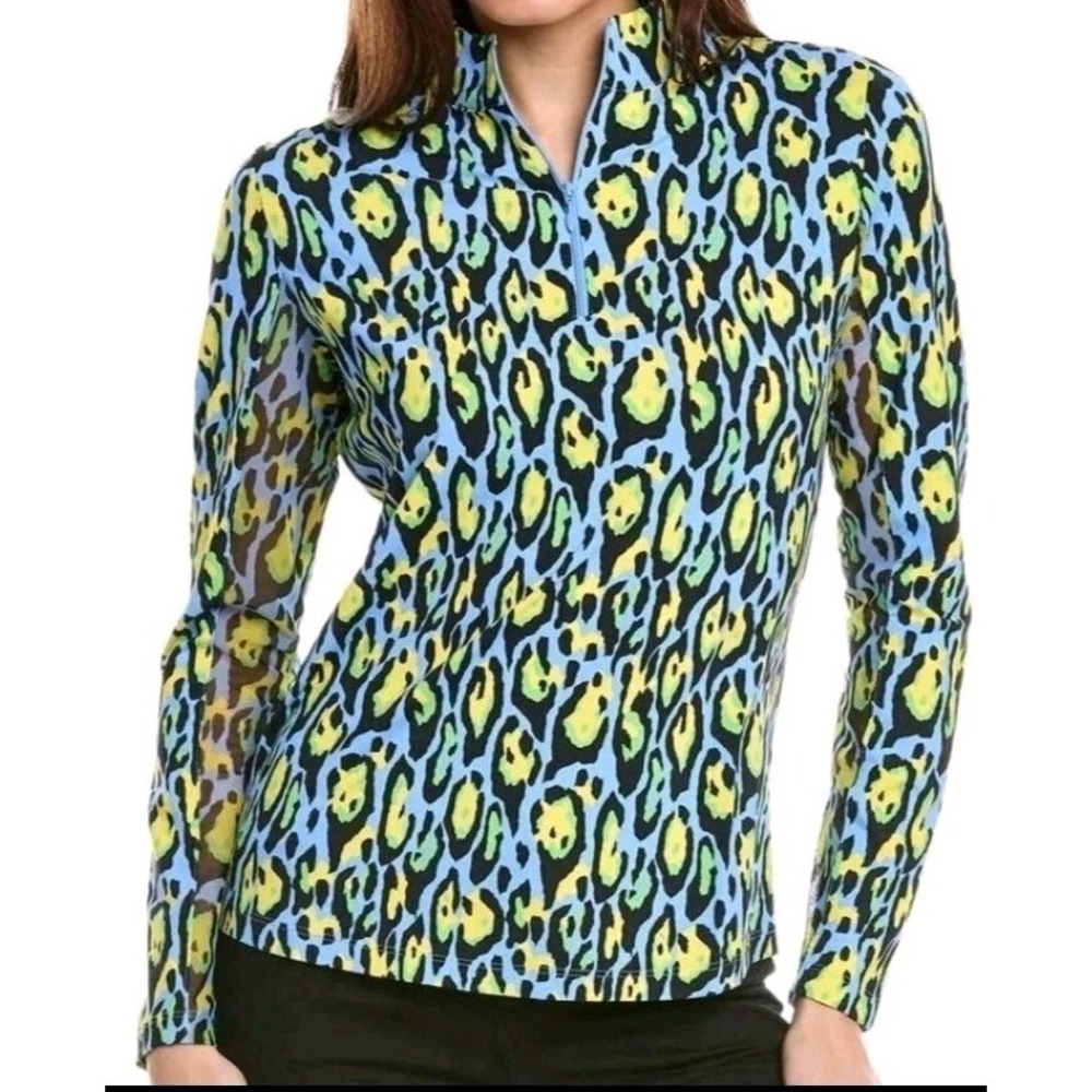 IBKUL GEMMA S Periwinkle Multi Leopard 1/4 Zip Mock Golf Shirt UPF 50+ Quick Dry